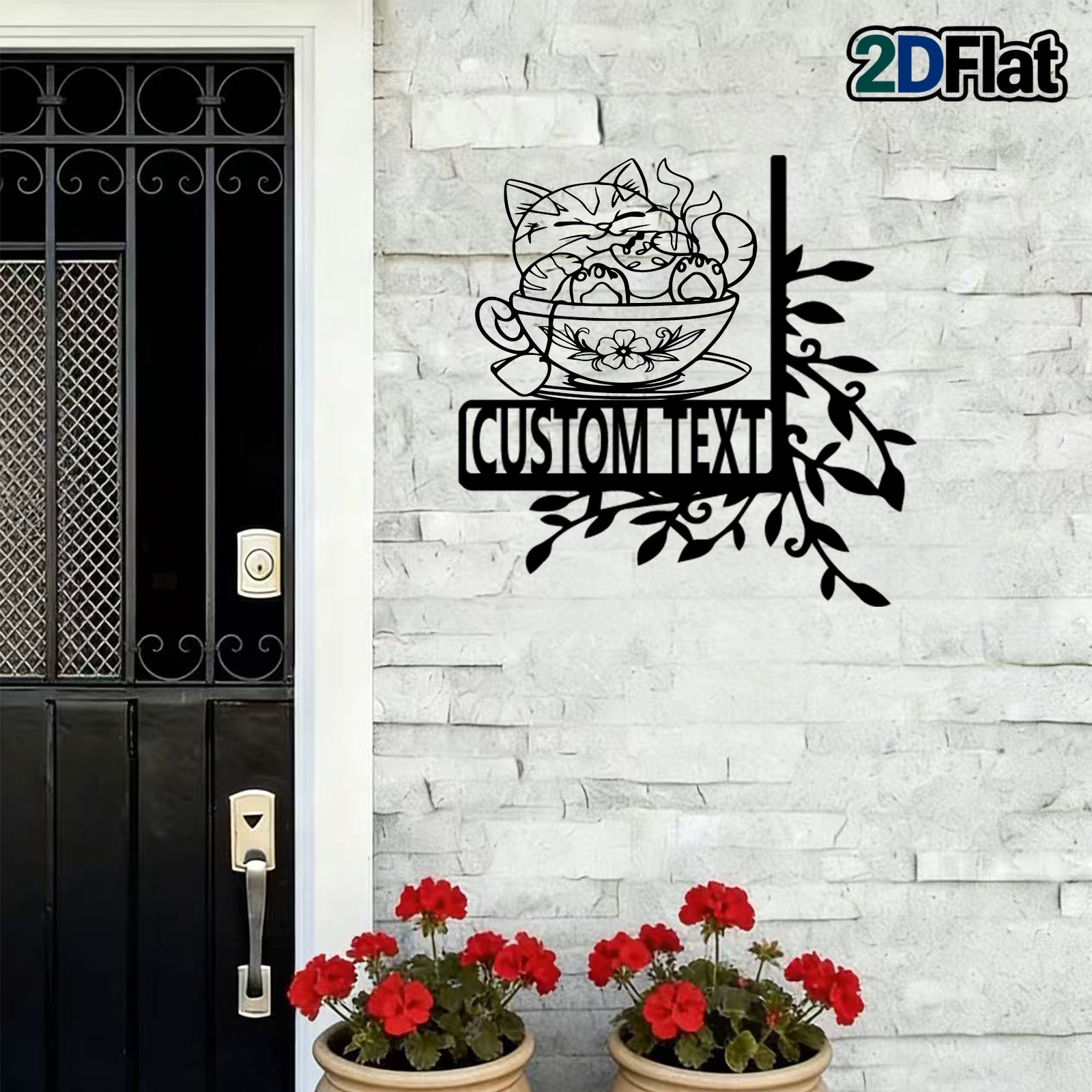 Custom Cat-in-Cup Metal House Number Sign