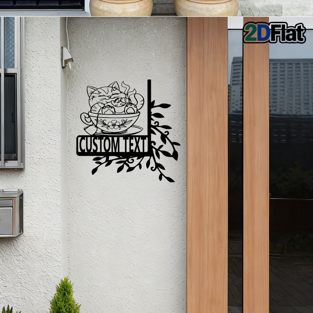 Custom Cat-in-Cup Metal House Number Sign