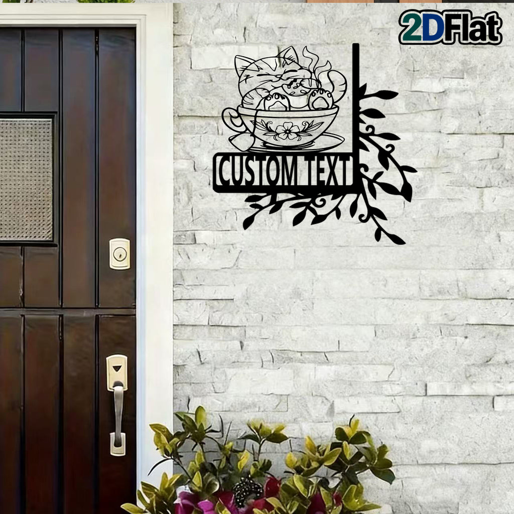 Custom Cat-in-Cup Metal House Number Sign