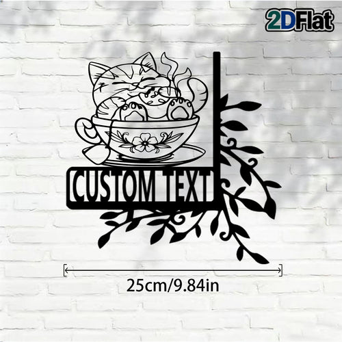 Custom Cat-in-Cup Metal House Number Sign