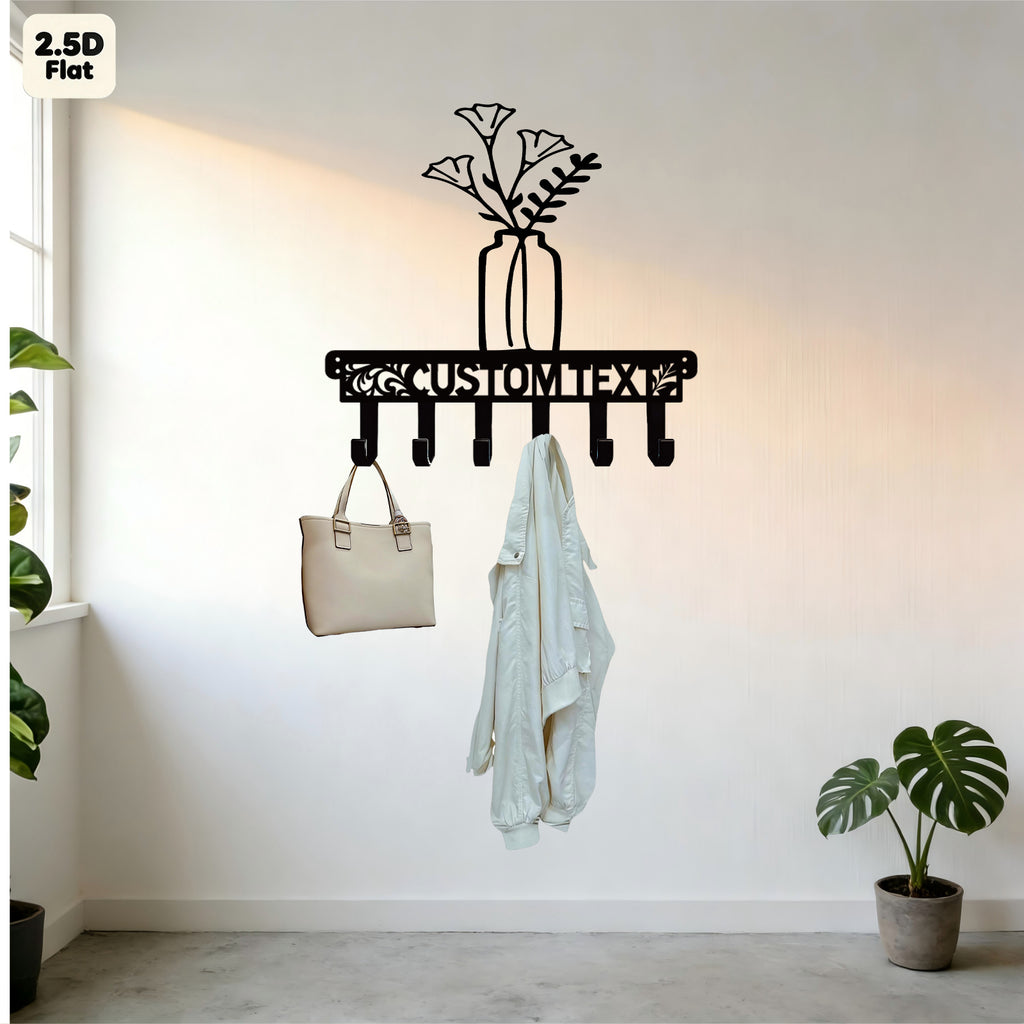 Custom Flower Vase Metal Wall Sculpture with Hooks