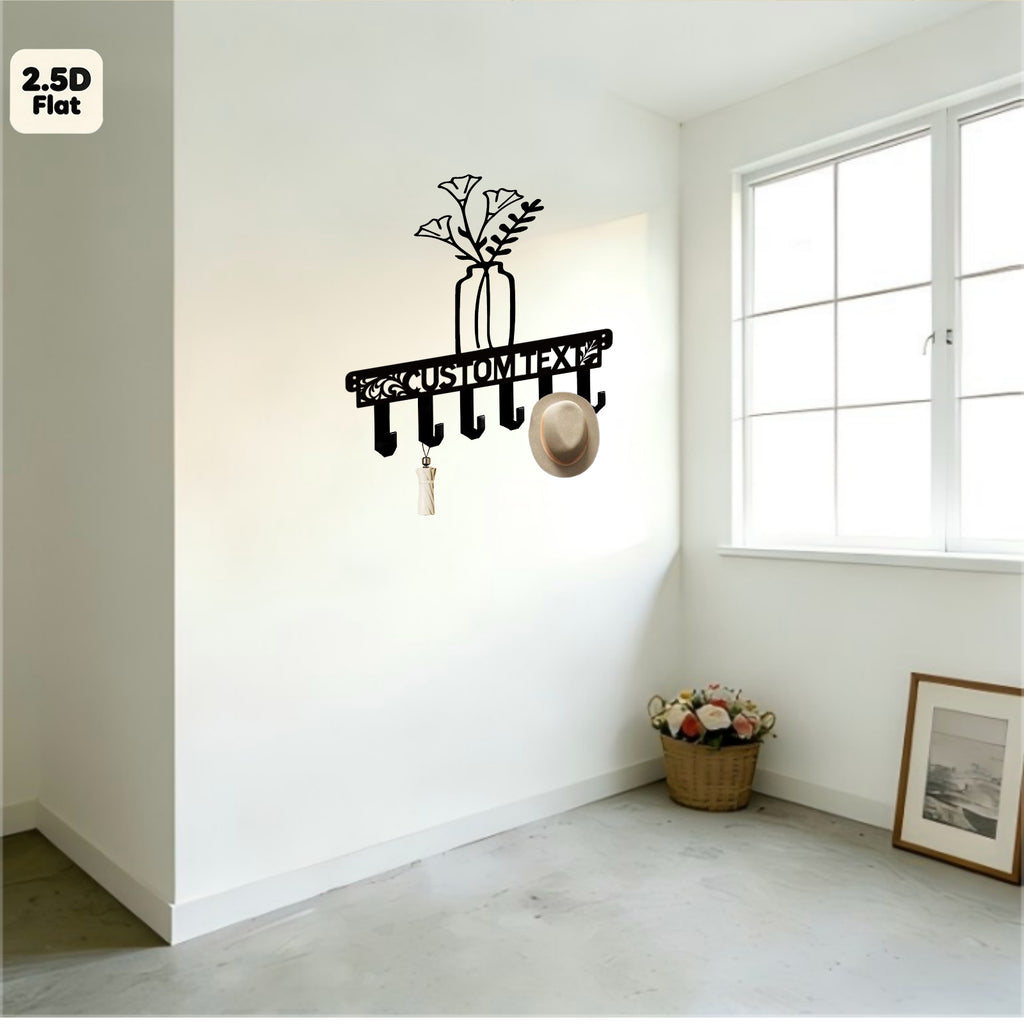 Custom Flower Vase Metal Wall Sculpture with Hooks